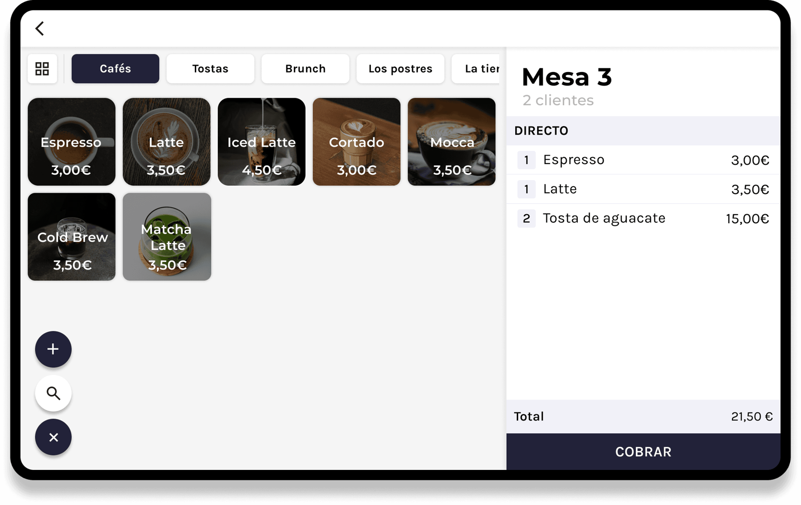 TPV de Mister Restaurant con la carta de una cafetería y la comanda de la mesa 3